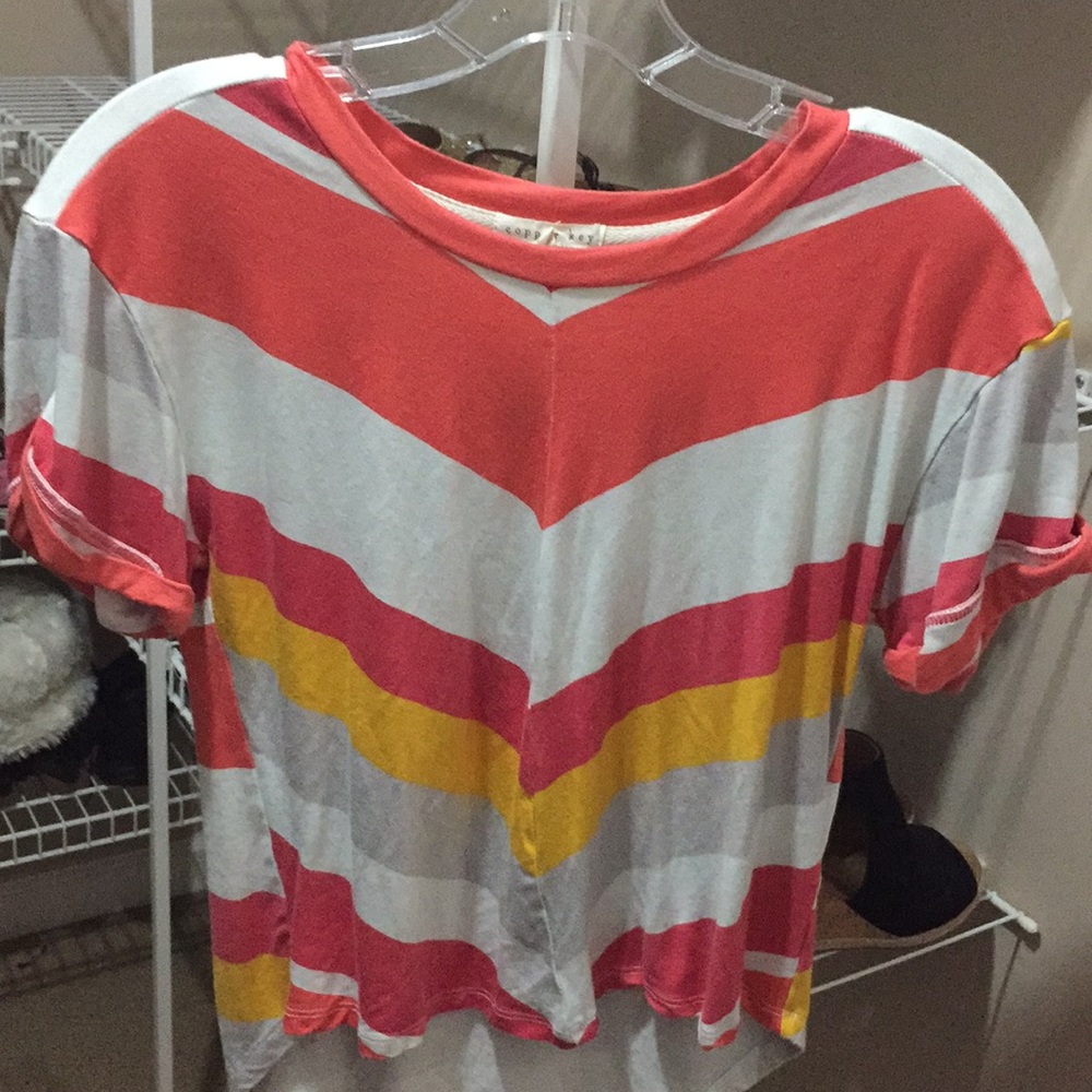 multi colored striped short sleeved shirt